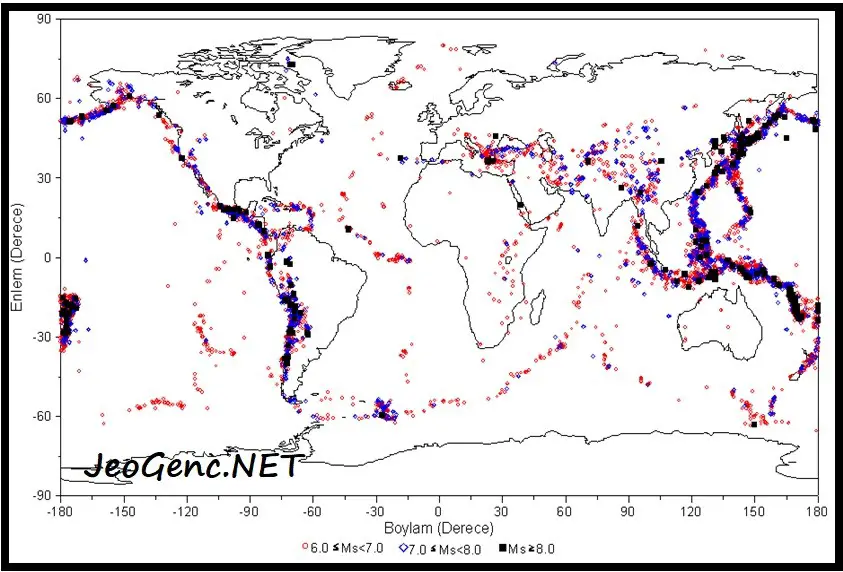 1900-1992 yılları arasında dünyada oluşan büyük depremlerin (M&gt;6.0) episantr dağılımları