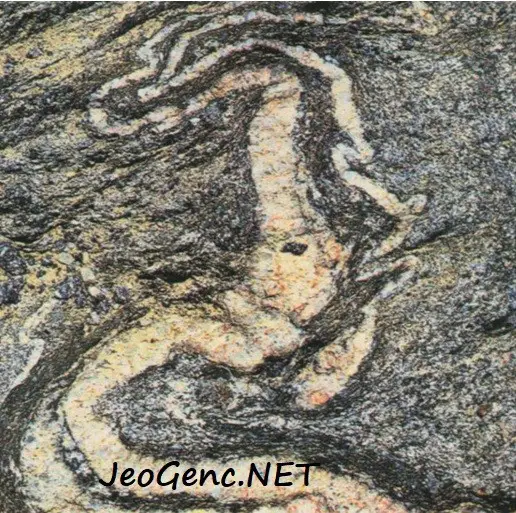 Migmatit. Açık renkli katmanlar kuvars ve feldspattan oluşan magmatik kaya kökenli, koyu mineralli kısımlar ise metamorfik kaya kökenli olarak kabul edilir.
