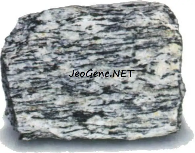 Bu örnekte tipik gnays dokusu bulunmaktadır. Koyu renkli biyotit ve açık renkli mineraller ayrı kısımlarda yoğunlaştığından kaya bantlı veya katmanlı bir görünüş kazanır.