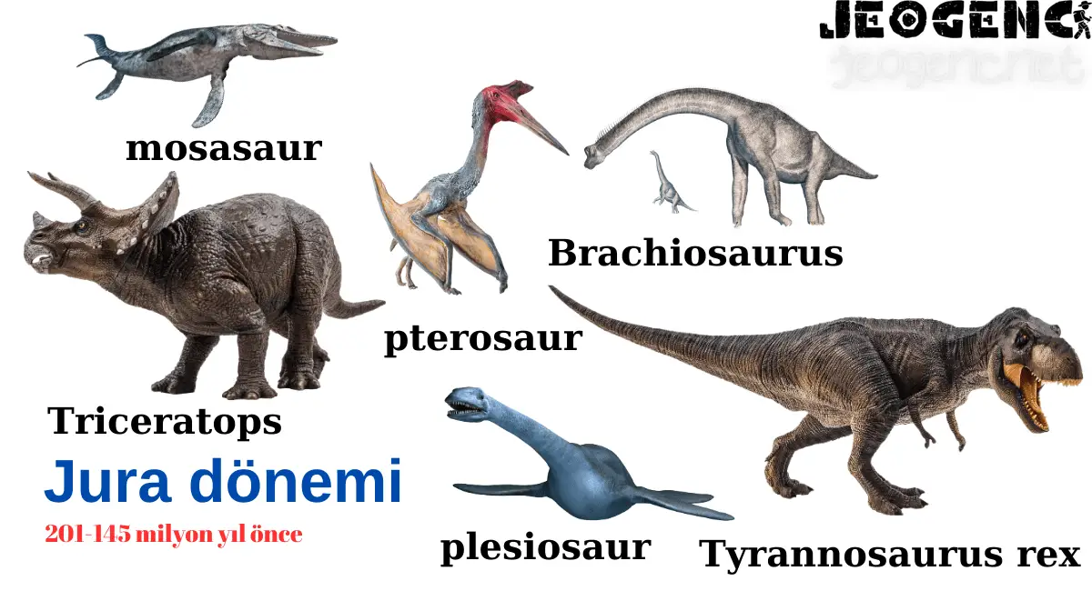 Brachiosaurus, Tyrannosaurus rex, Triceratops, pterosaur, plesiosaur, mosasaur